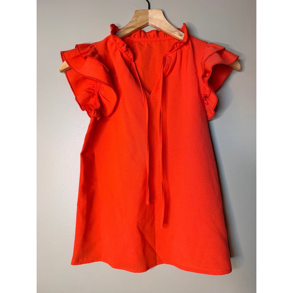 Red Ruffle Flutter Sleeve Tie Neck Blouse Top Size Small
